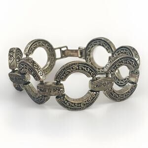 Vintage BRIGHTON Chunky Silver-Plated Southwestern Scrolled Circle Link Bracelet